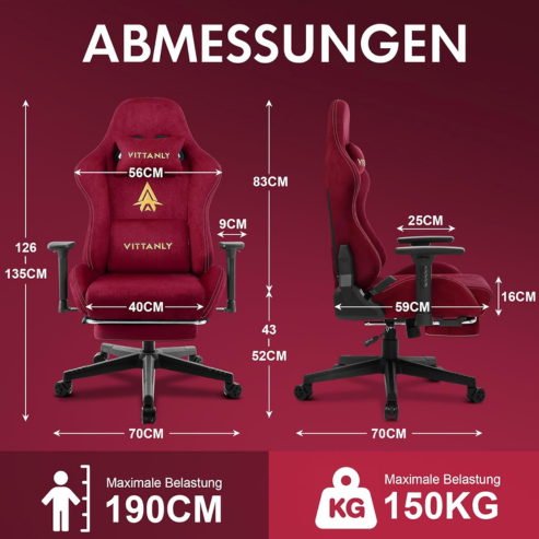 Chaise de jeu ergonomique avec repose-pieds – Cuir suédé, soutien lombaire, inclinable, réglable en hauteur