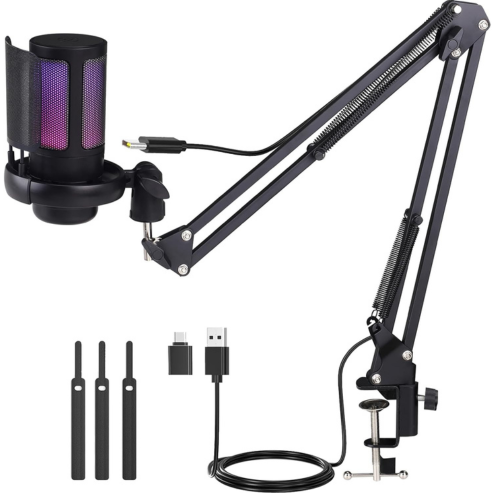 Kit de microphone USB de jeu avec bras articulé pour PC, PS4/PS5, microphone à condensateur RGB dégradé, avec prise de surveillance et bouton mute