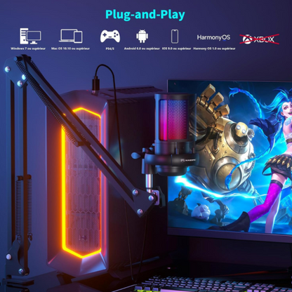 Kit de microphone USB de jeu avec bras articulé pour PC, PS4/PS5, microphone à condensateur RGB dégradé, avec prise de surveillance et bouton mute