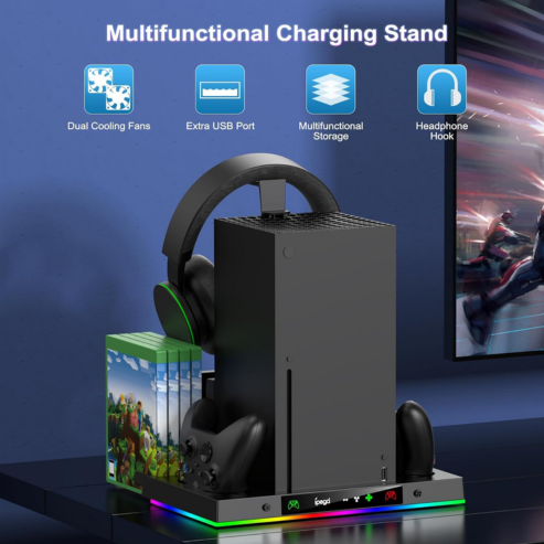 Support de ventilateur de refroidissement et station de chargement pour Xbox Series X, avec éclairage RGB 15 couleurs et ventilateur à 3 vitesses