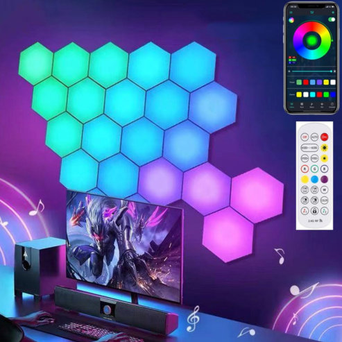 Applique murale hexagonale intelligente RVB IC, veilleuse décorative DIY avec synchronisation musicale, pour salle de jeu, chambre ou ambiance d’intérieur
